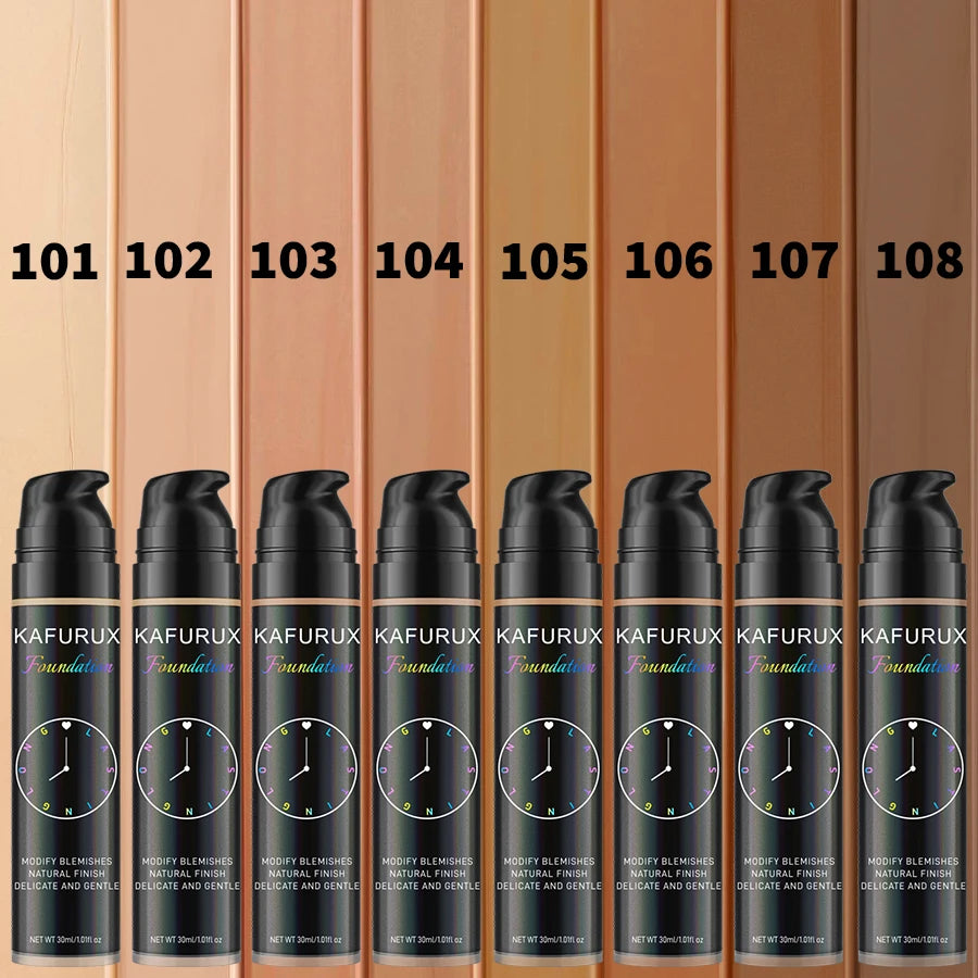 LAQTA liquid foundation in 8 color shades, close-up of various foundation bottles with smooth, even textures and natural lighting.