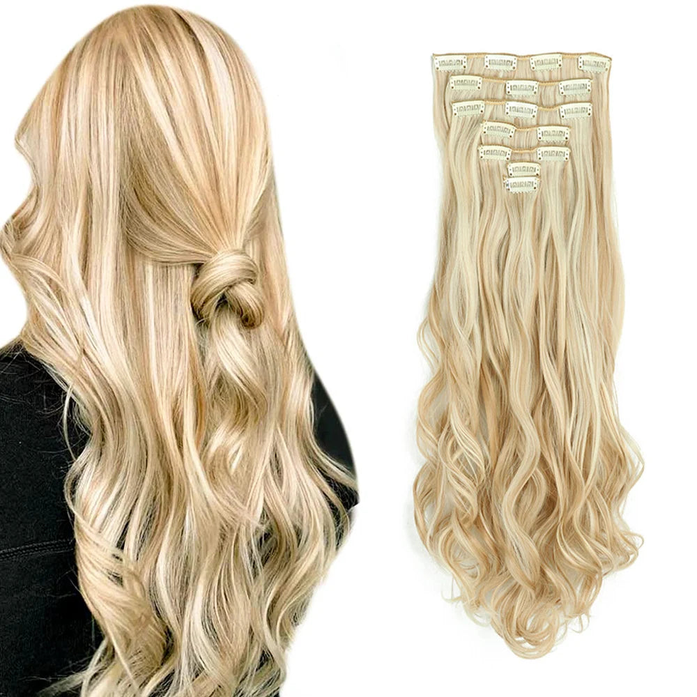 LAQTA clip-in hair extensions in a natural hair color, showing the wefts and clips for easy attachment.
