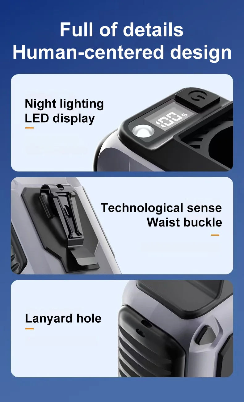 LAQTA extra-large battery waist fan with adjustable straps and dual fan units for cooling comfort.