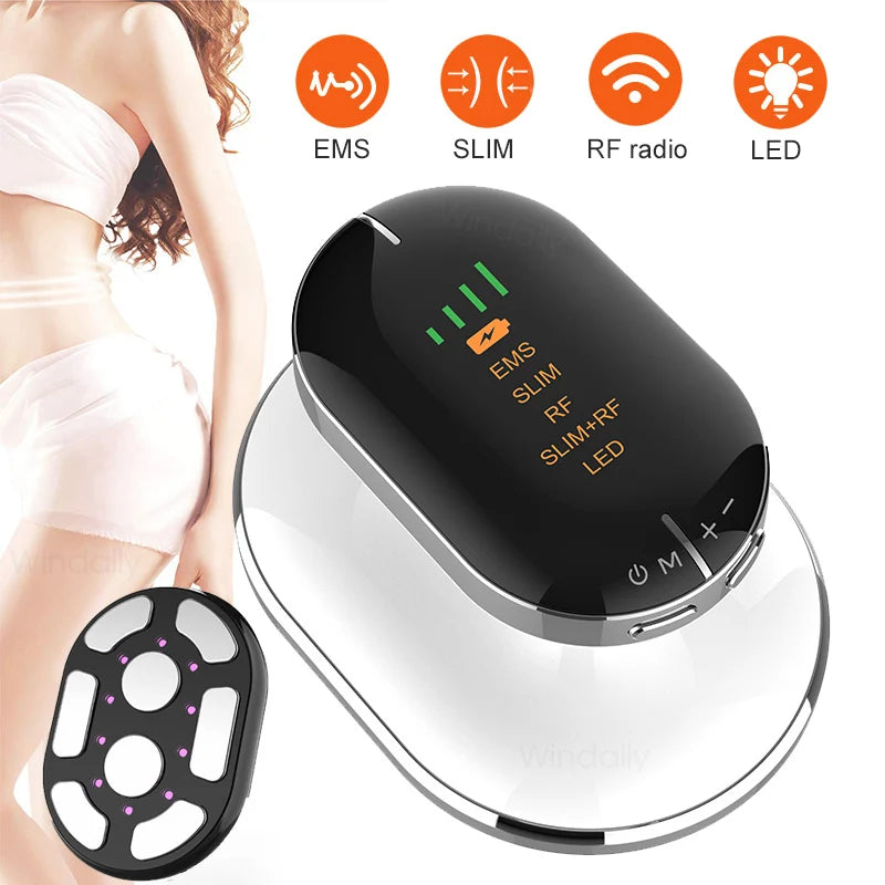 LAQTA EMS and RF Radio Frequency Body Slimming Machine showing its sleek control panel and handheld applicator in a modern setting.