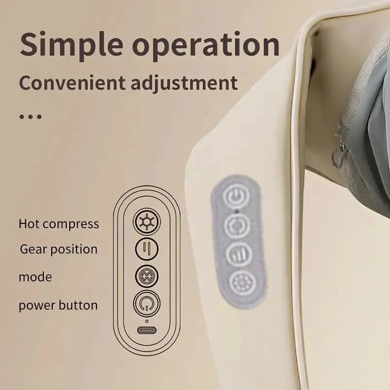 LAQTA neck massager showing ergonomic design with adjustable straps and massage nodes for relaxation and neck relief.