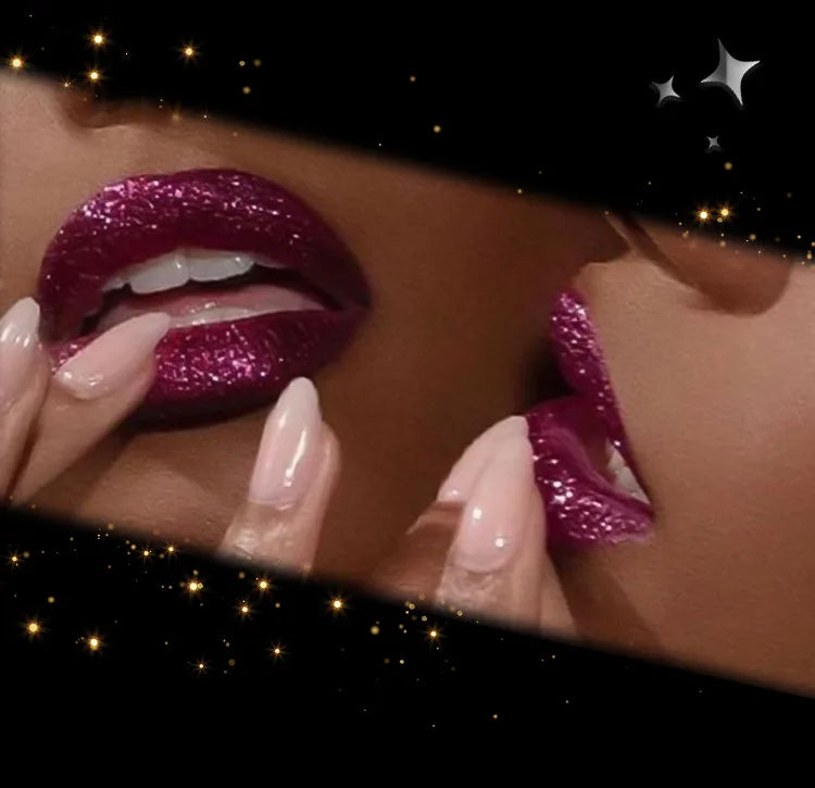 LAQTA glitter waterproof lipstick in vibrant shade, showcasing the shimmering, smooth application on lips.