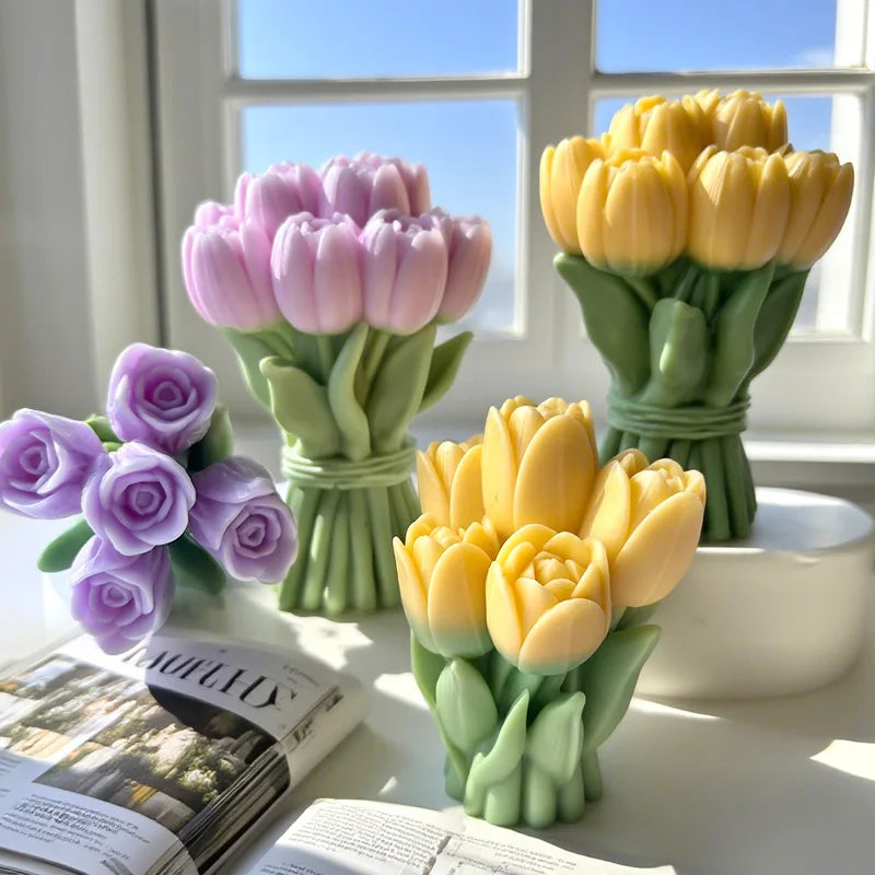 Silicone mold for tulip flower bouquet designs by LAQTA, featuring detailed tulip and flower shapes for craft projects.