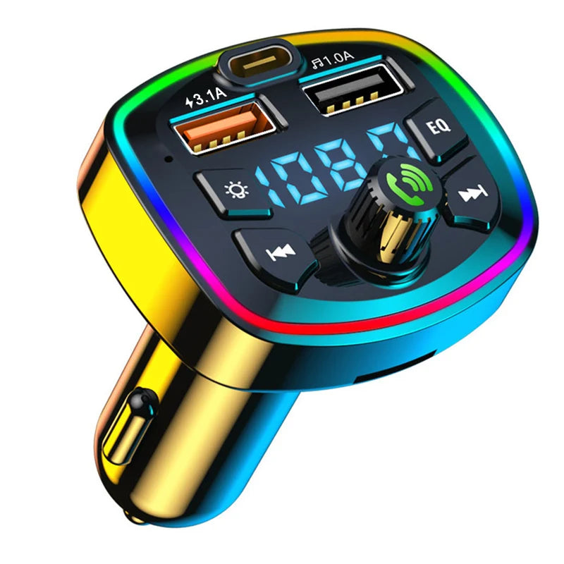 LAQTA Car Bluetooth 5.0 FM Transmitter connected to dashboard, showing digital display and control buttons.