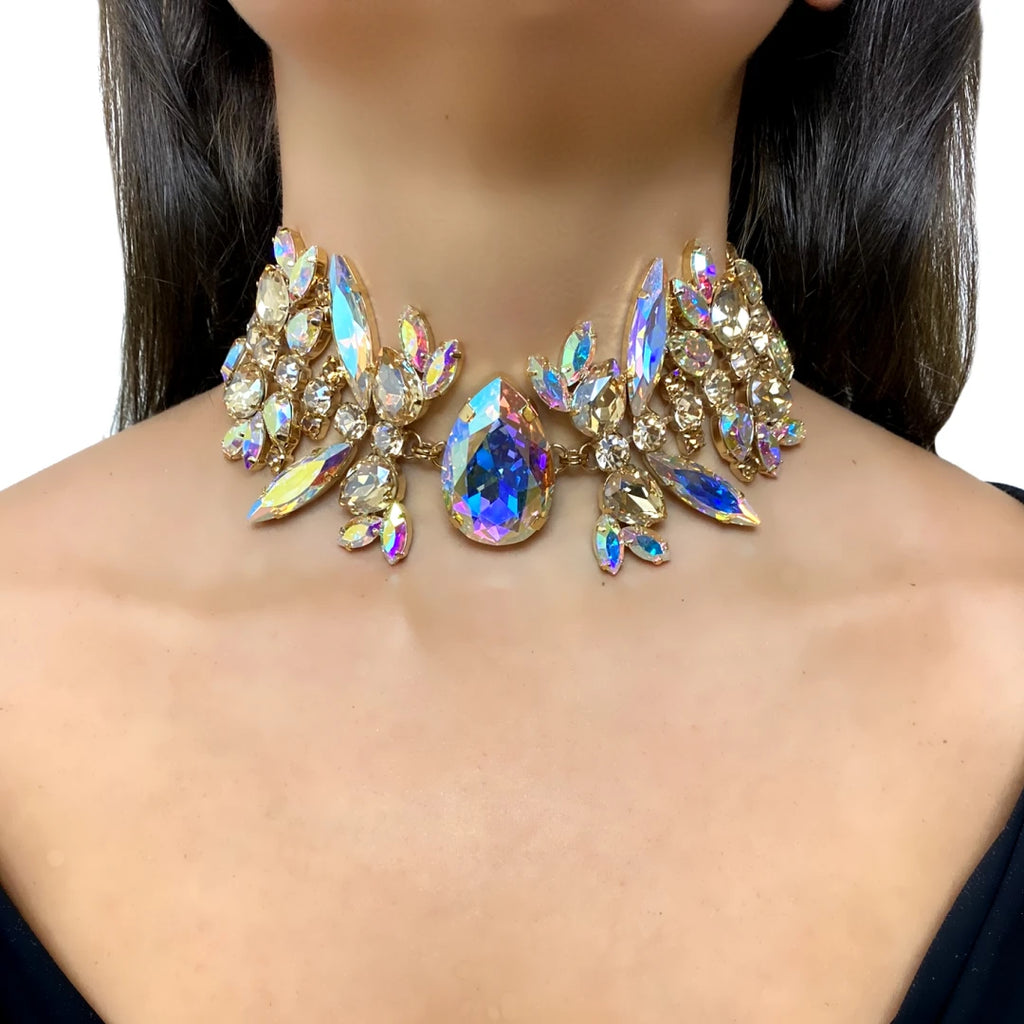 Luxury AB crystal necklace by LAQTA featuring sparkling, multi-faceted crystals on a delicate silver chain.