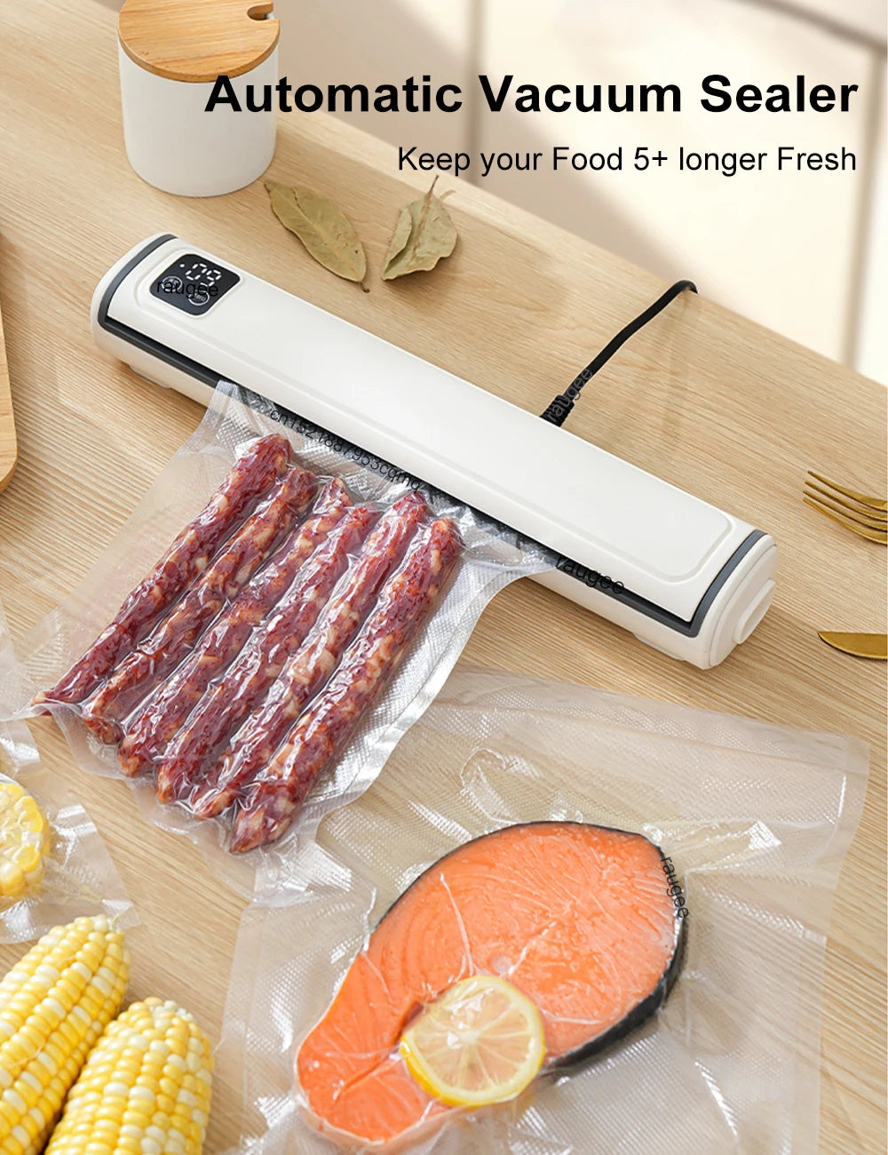 LAQTA vacuum packing machine with digital control panel and sealing bar, used for preserving food in airtight bags.
