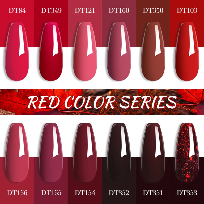 LAQTA Red Gel Nail Polish with crystal accents, showing a glossy, vibrant red color on a nail swatch.