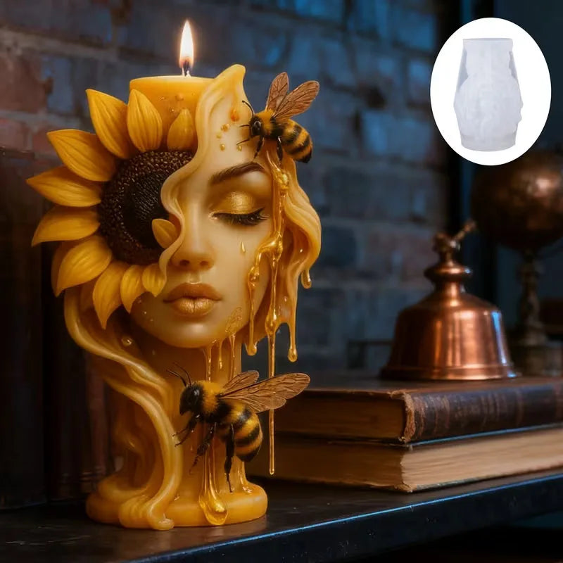 Sunflower and bee-shaped candle mold from LAQTA, showcasing detailed silicone design for homemade candles.