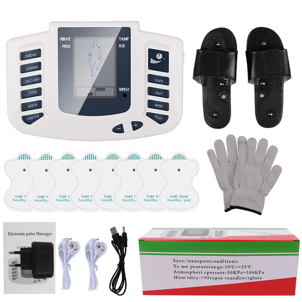 Full body Tens muscle electrostimulator by LAQTA with pads and control unit, designed for muscle relaxation and toning.