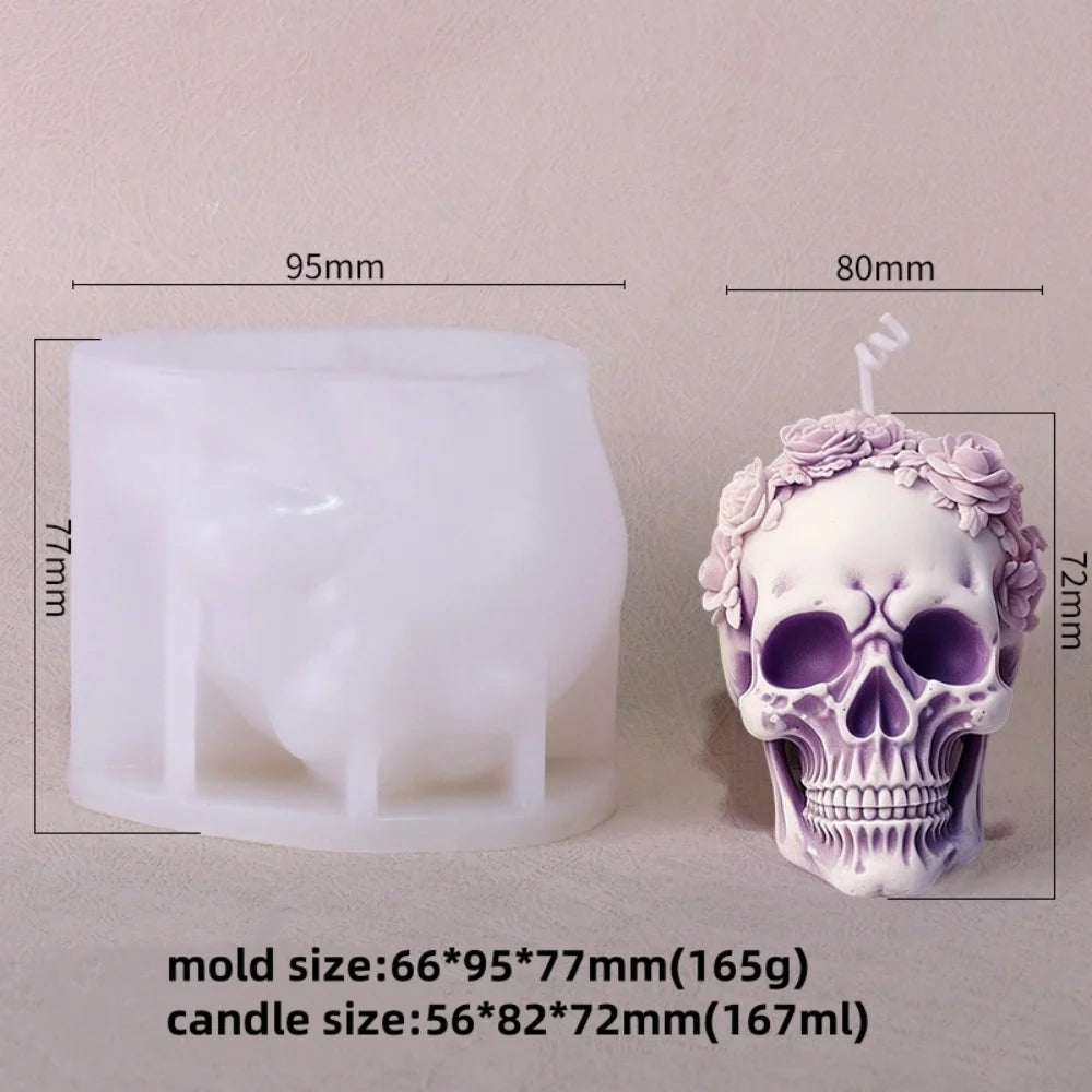LAQTA Rose Relief Skull Candle Silicone Mold showing detailed skull shape with rose patterns in flexible silicone material.