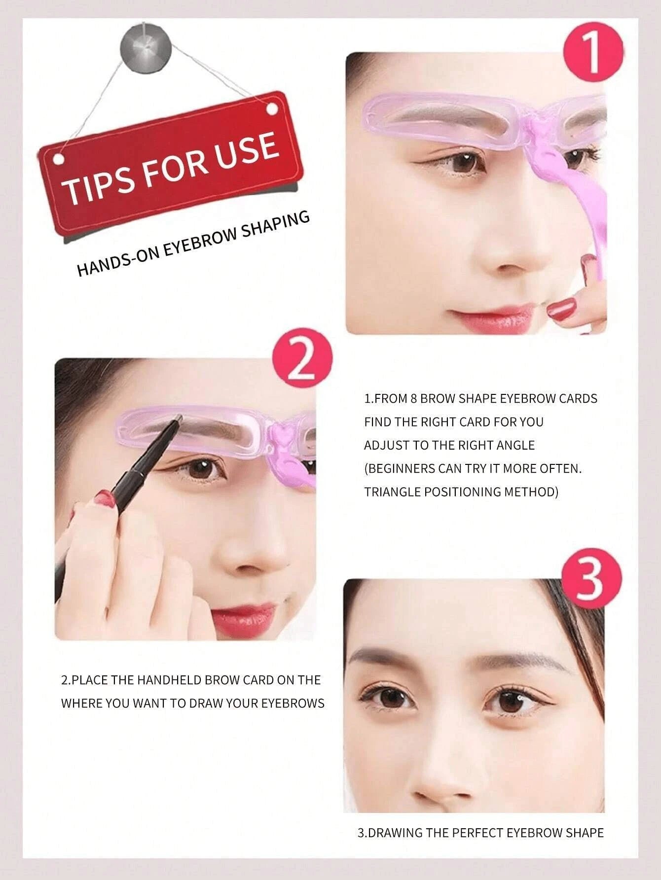 Set of 8 reusable eyebrow stencils by LAQTA, showing various eyebrow shape templates on a white background.