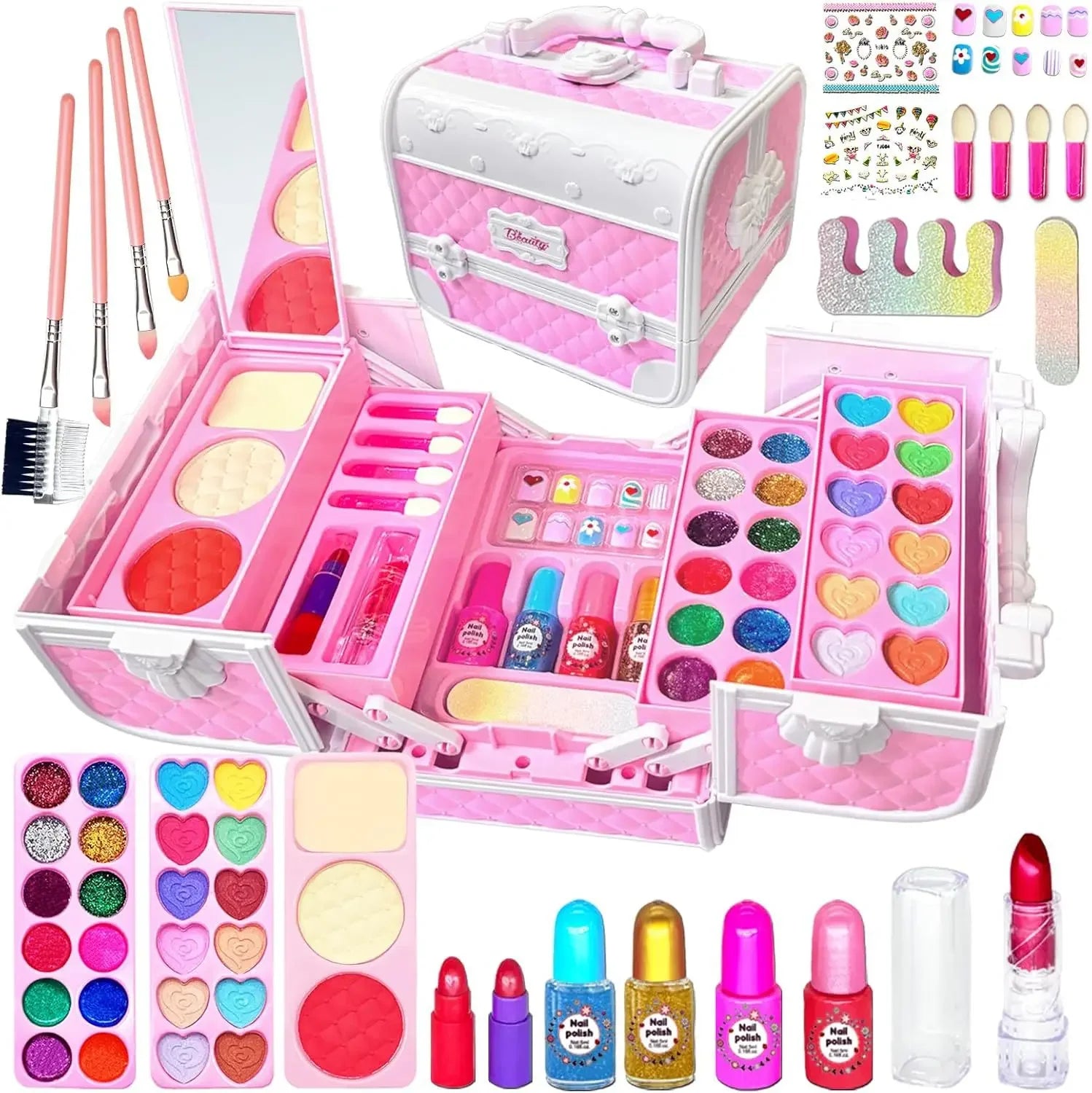 LAQTA Princess Beauty Makeup Suitcase with colorful compartments and mirror, designed for kids' pretend play and makeup storage.