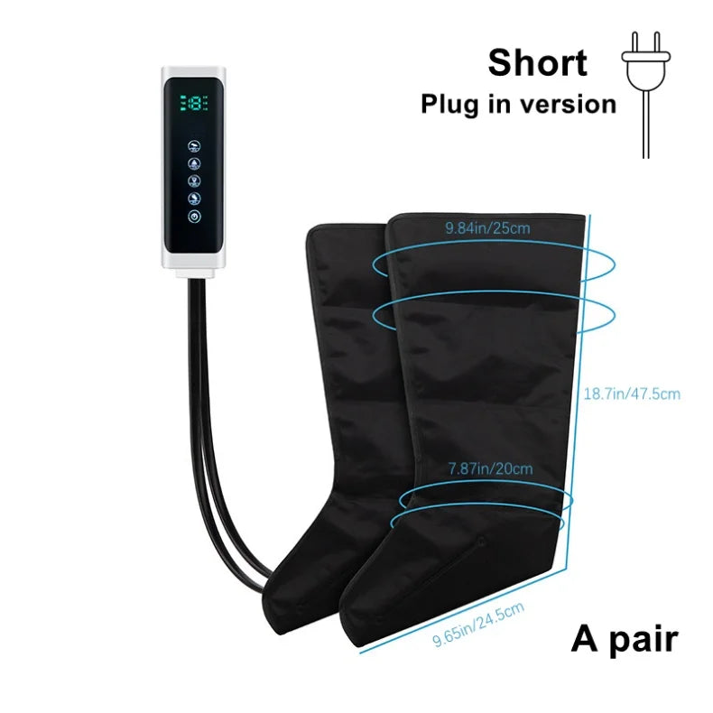 LAQTA electric pneumatic leg massager showing adjustable straps and air chambers for soothing foot and leg relief.