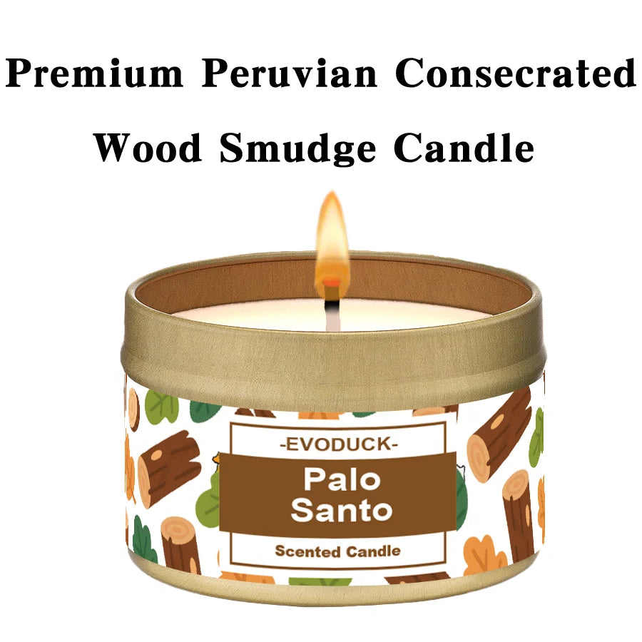 LAQTA Palo Santo scented candle in a glass jar with a wooden lid, showcasing the candle’s natural wax and aromatic design.