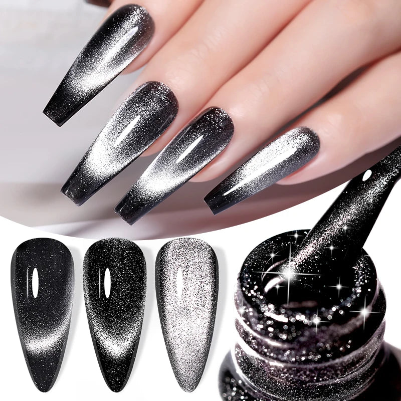 Black Crystal Cat Magnetic Gel by LAQTA, showing the gel's smooth black texture and magnetic effects on a white background.