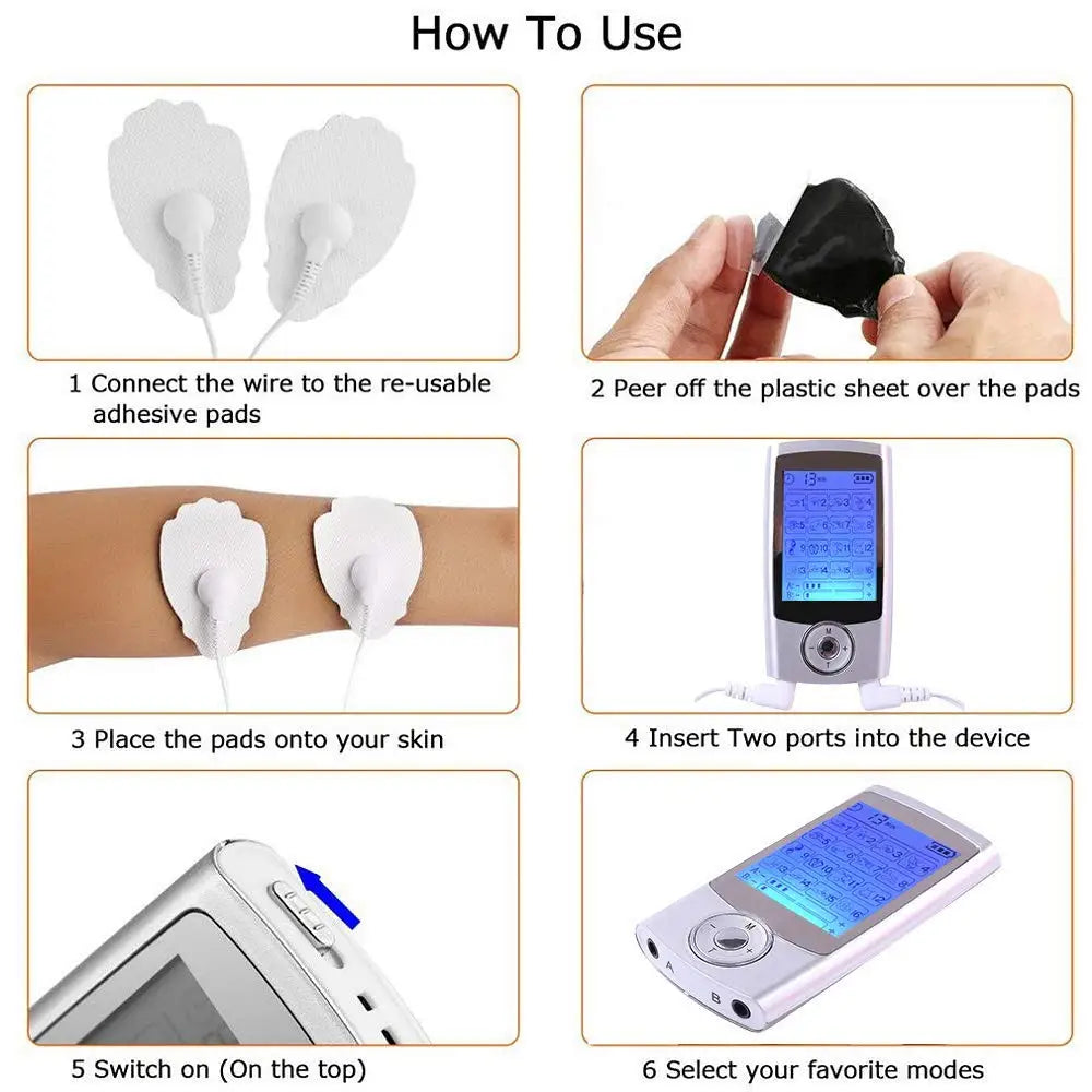 LAQTA Electric Tens Relax Muscle device with 16 modes, showing its control panel and flexible electrode pads for muscle relief.