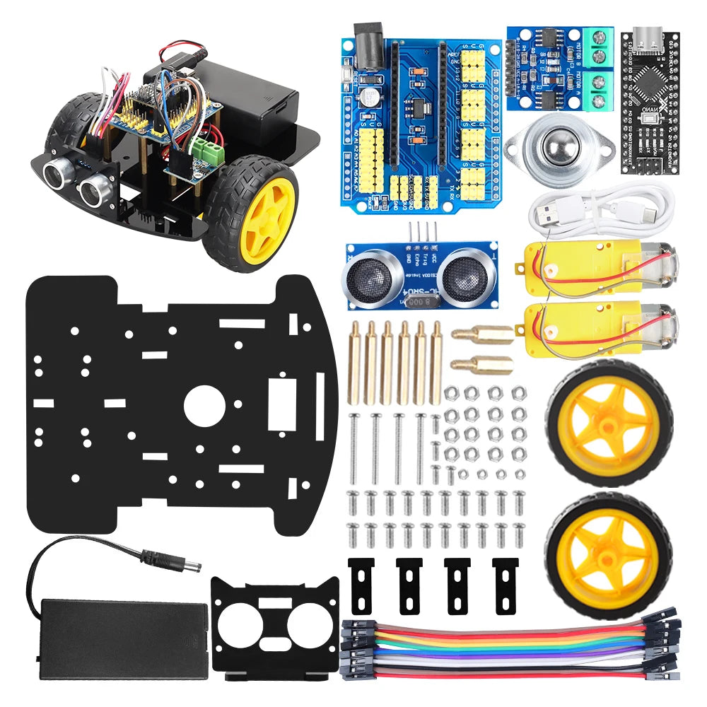 Smart Starter Robot Kit by LAQTA featuring assembled robot with sensors, wires, and electronic components on a white background.
