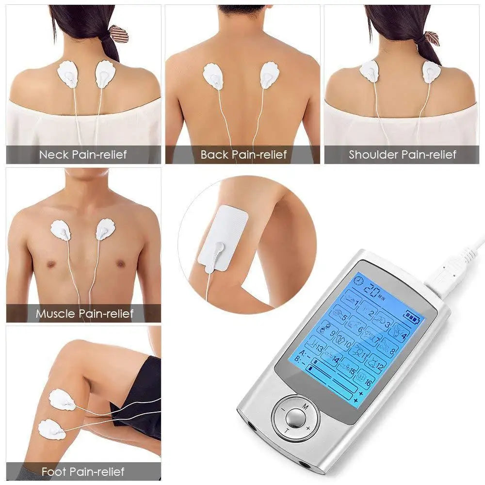 LAQTA Electric Tens Relax Muscle device with 16 modes, showing a close-up of the handheld unit and electrode pads for pain relief.