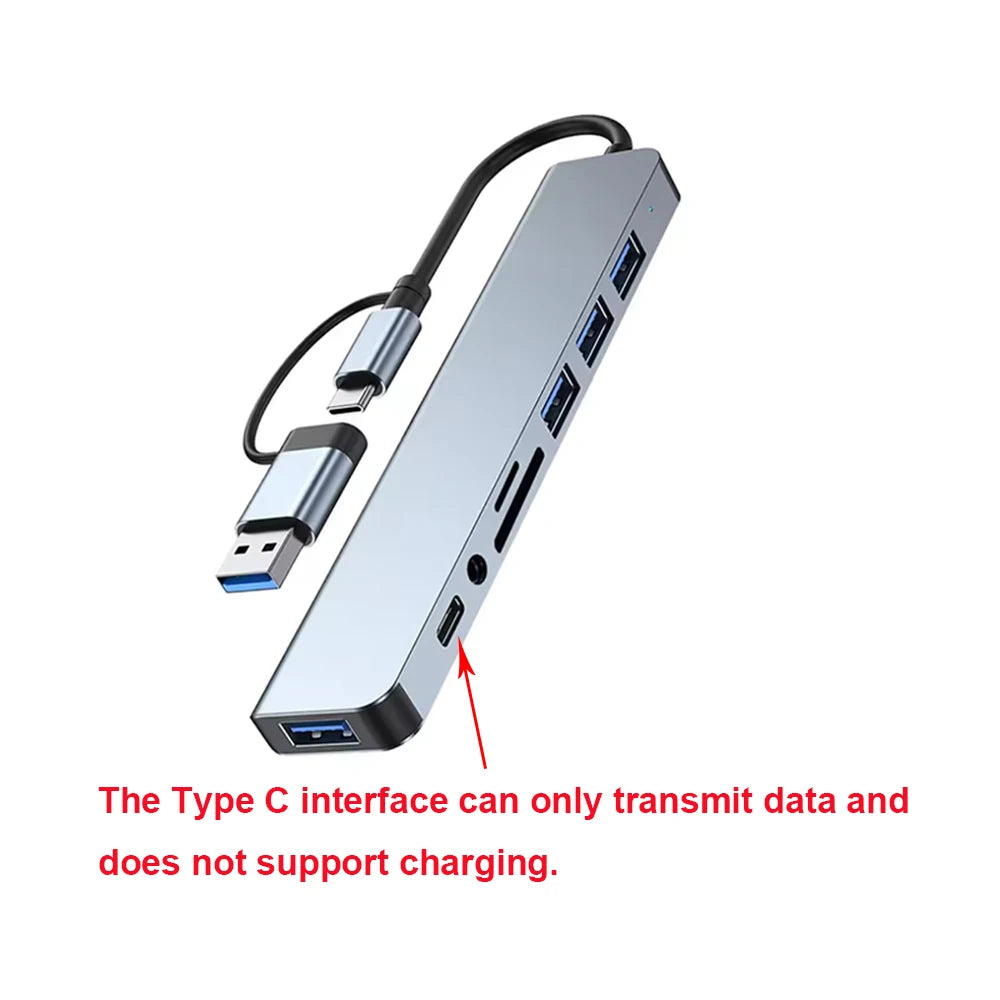 LAQTA 8-in-1 USB and Type C hub docking station with multiple ports, compact design, and sleek black finish.