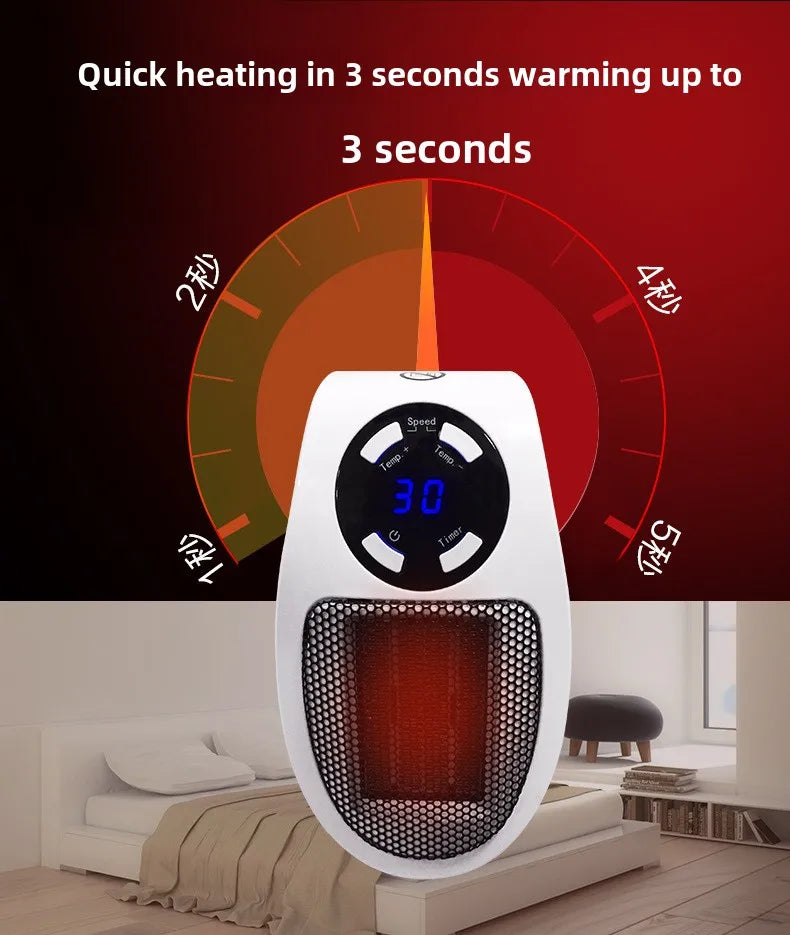 LAQTA Eco Plug-in Electric Heater showing compact design with adjustable thermostat controls and safety features.