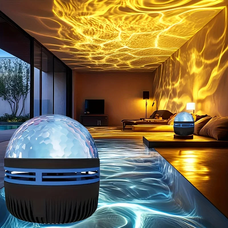 LAQTA powered water wave effect projector displaying colorful water wave patterns on a wall.