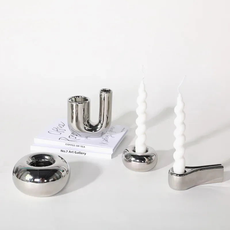Silver geometric ceramic candlestick by LAQTA featuring a luxury electroplating finish and modern design.