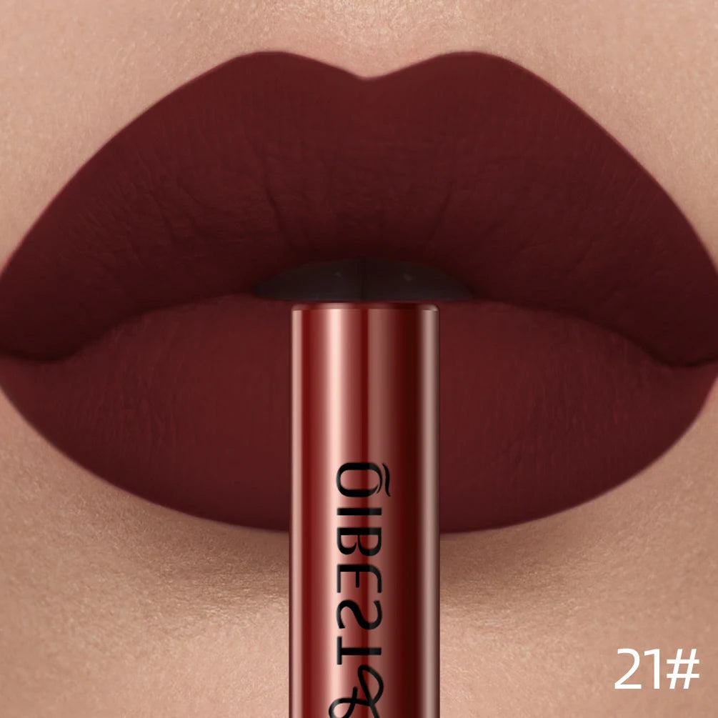 LAQTA matte liquid lipstick tube with applicator showing rich, smooth lipstick in a sleek, modern design.