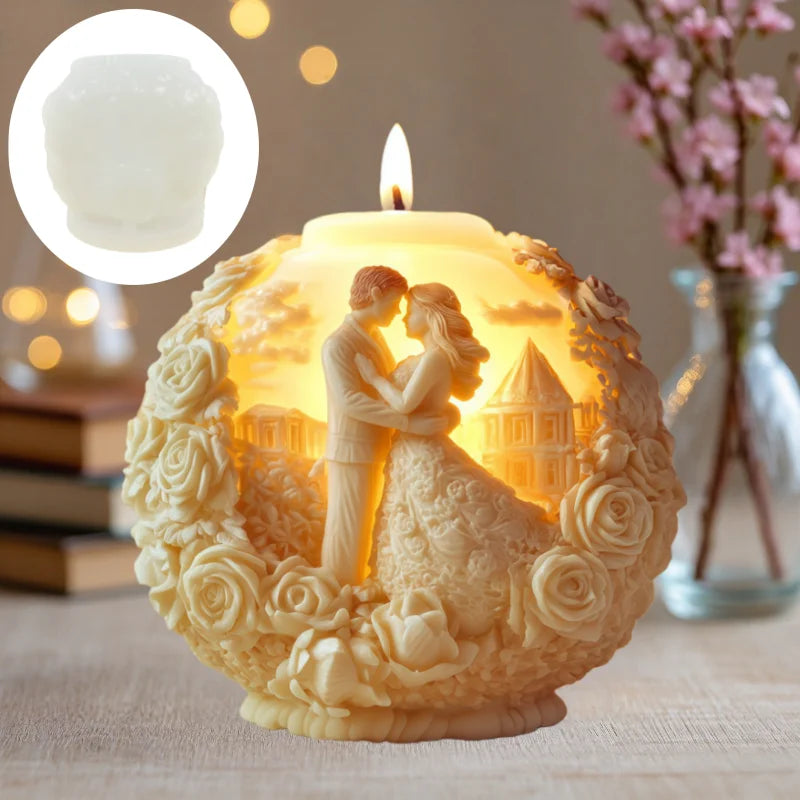 LAQTA couples embrace embossed spherical candle mold showing the detailed design and smooth surface of the candle mold.