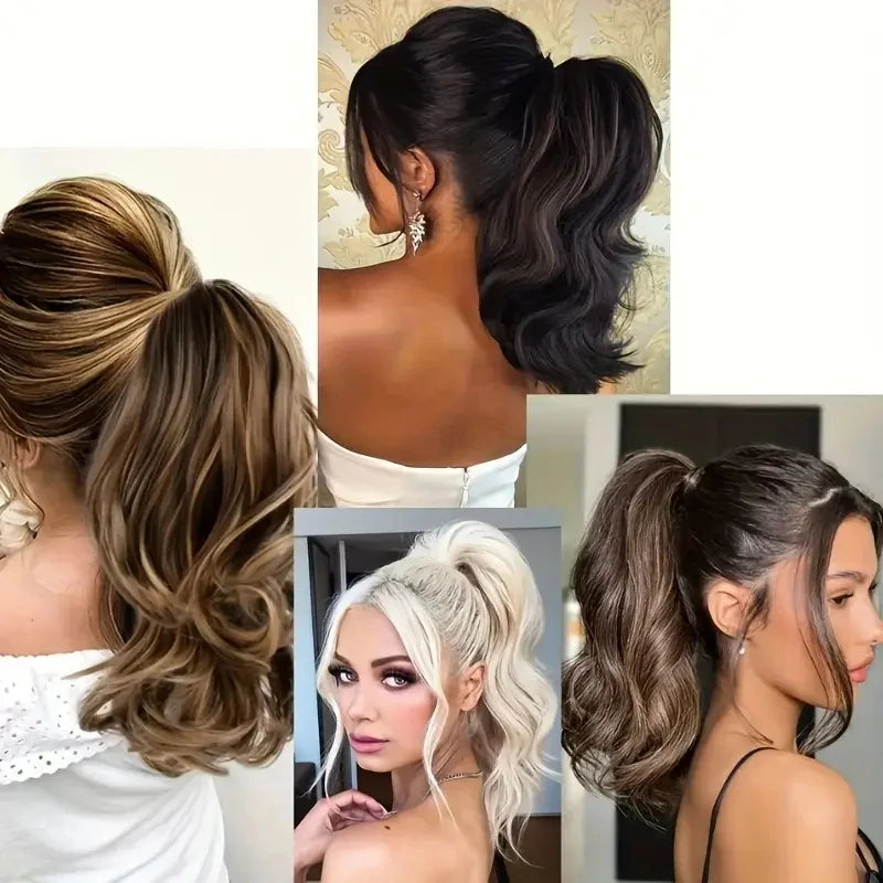 Short curly clip-in ponytail extension by LAQTA, showing a natural-looking curly hairpiece with clip attachment for easy styling.