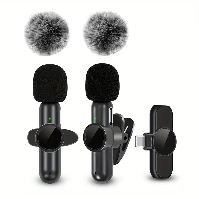 LAQTA wireless lavalier microphone clipped to a shirt, showing compact design and audio connection details.