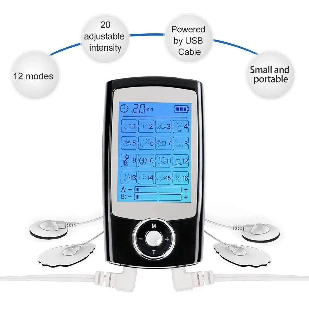 LAQTA Electric Tens Relax Muscle device with 16 modes, shown with control panel and electrode pads for muscle therapy.