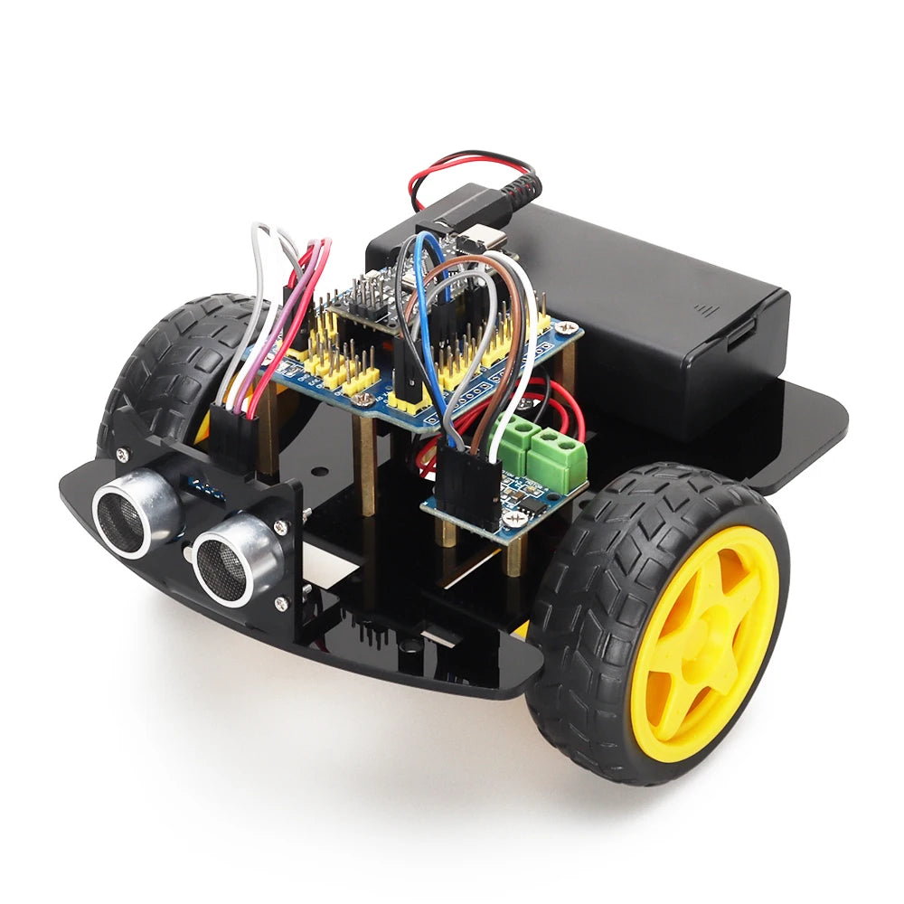 LAQTA Smart Starter Robot Kit with assembled robot, showcasing sensors and movable parts on a sleek black background.