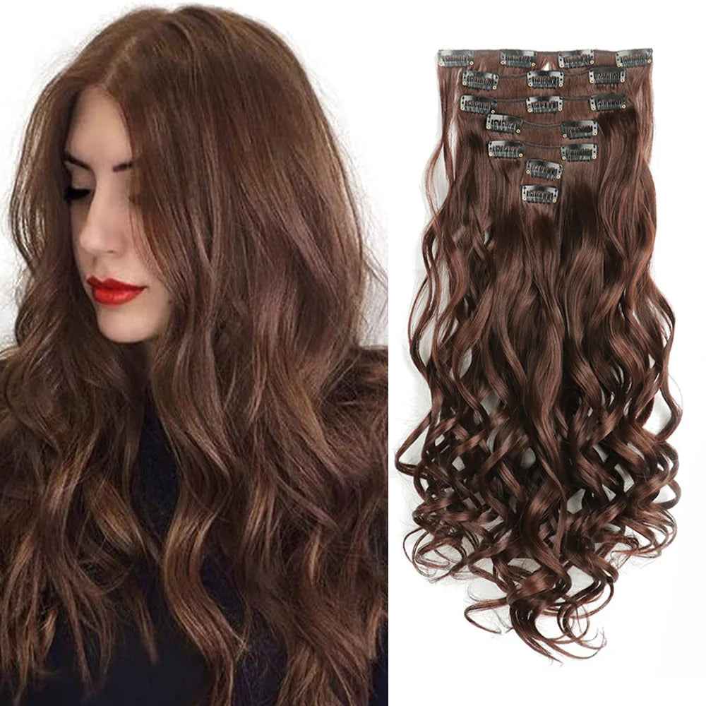 LAQTA clip-in hair extensions with long, natural-looking hair in a rich color, designed for easy attachment and versatile styling.