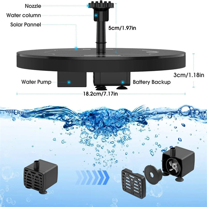 LAQTA solar water fountain pool with a sleek design, featuring a solar panel and water spray for outdoor decoration