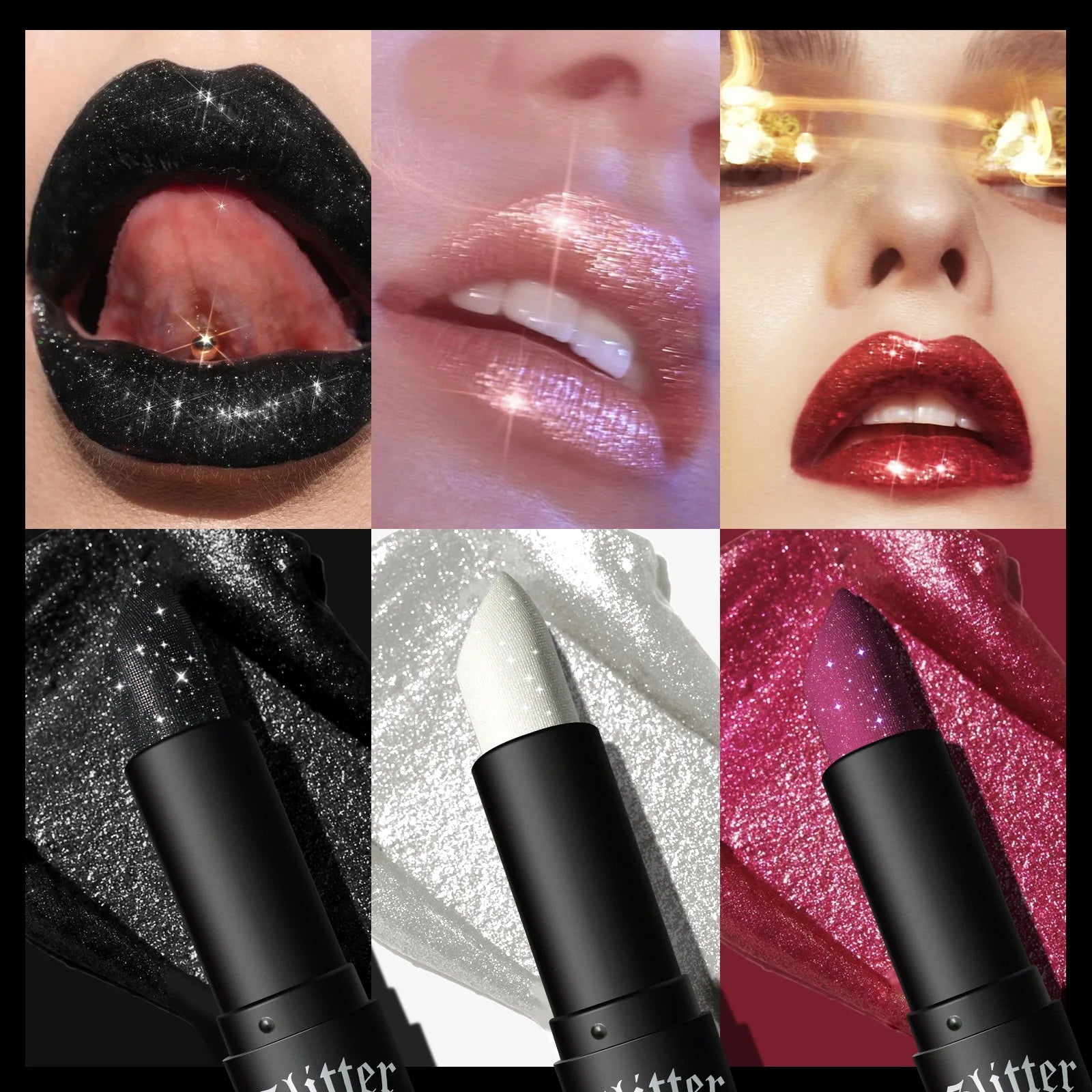 LAQTA waterproof glitter lipstick in vibrant shade, featuring a shiny, glittery finish and smooth application.