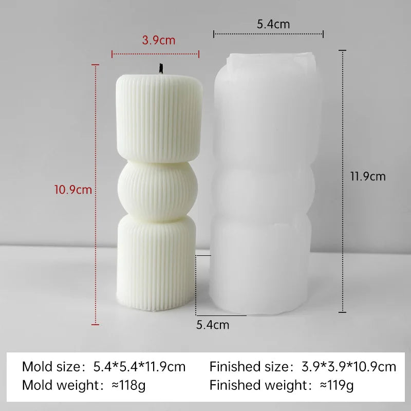 Striped cylinder aroma candle silicone mold by LAQTA, showing the detailed striped pattern and flexible silicone material.
