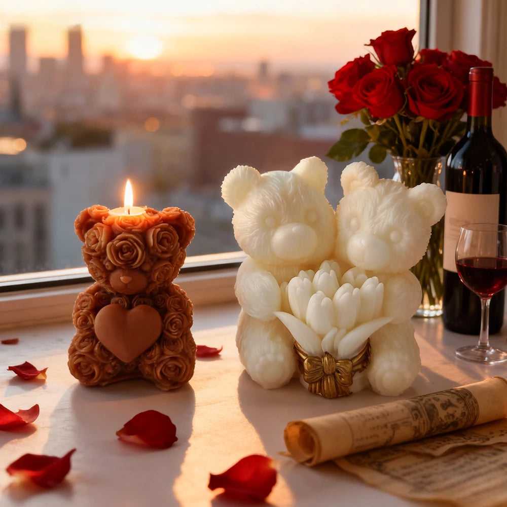 Silicone candle mold shaped like a love rose bear from LAQTA, showing detailed heart and bear design for candle crafting.