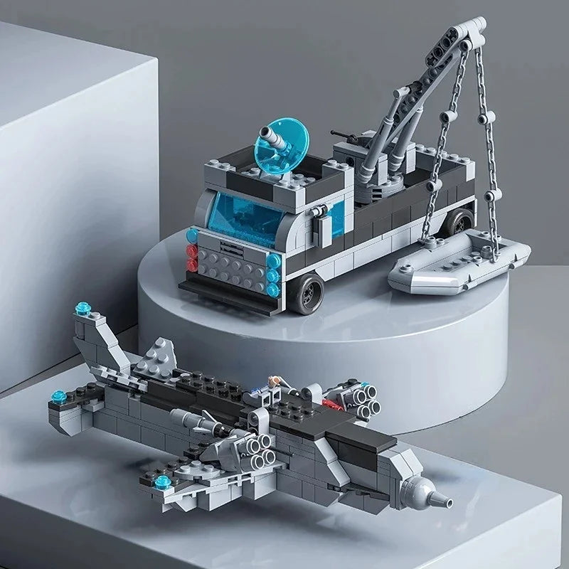 Navy war army ship model by LAQTA featuring detailed navy blue ship with multiple decks and military design elements.