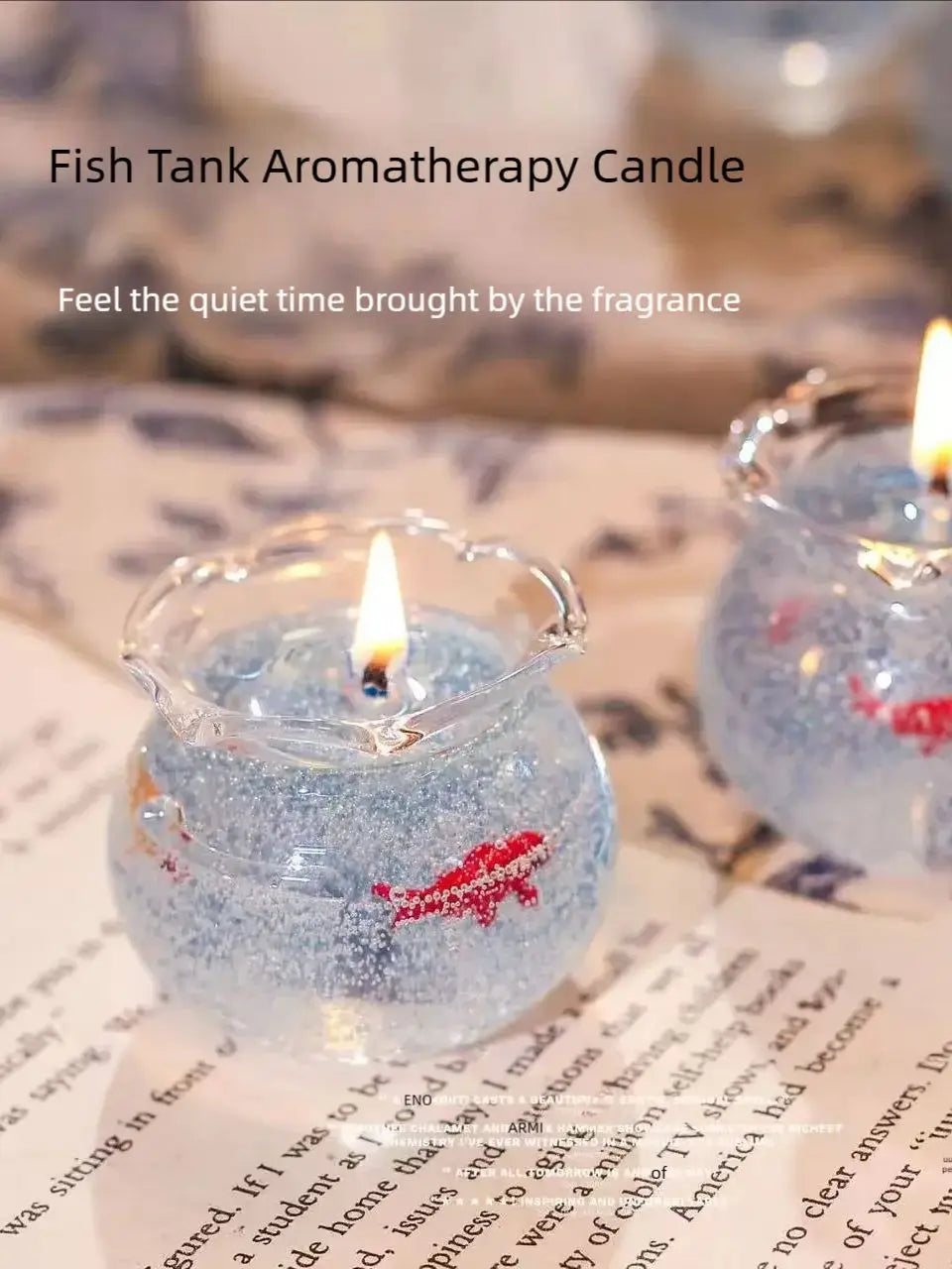 LAQTA Bubble Fish Tank Goldfish Aromatherapy Candle in a decorative container with a fish tank design and goldfish illustration.