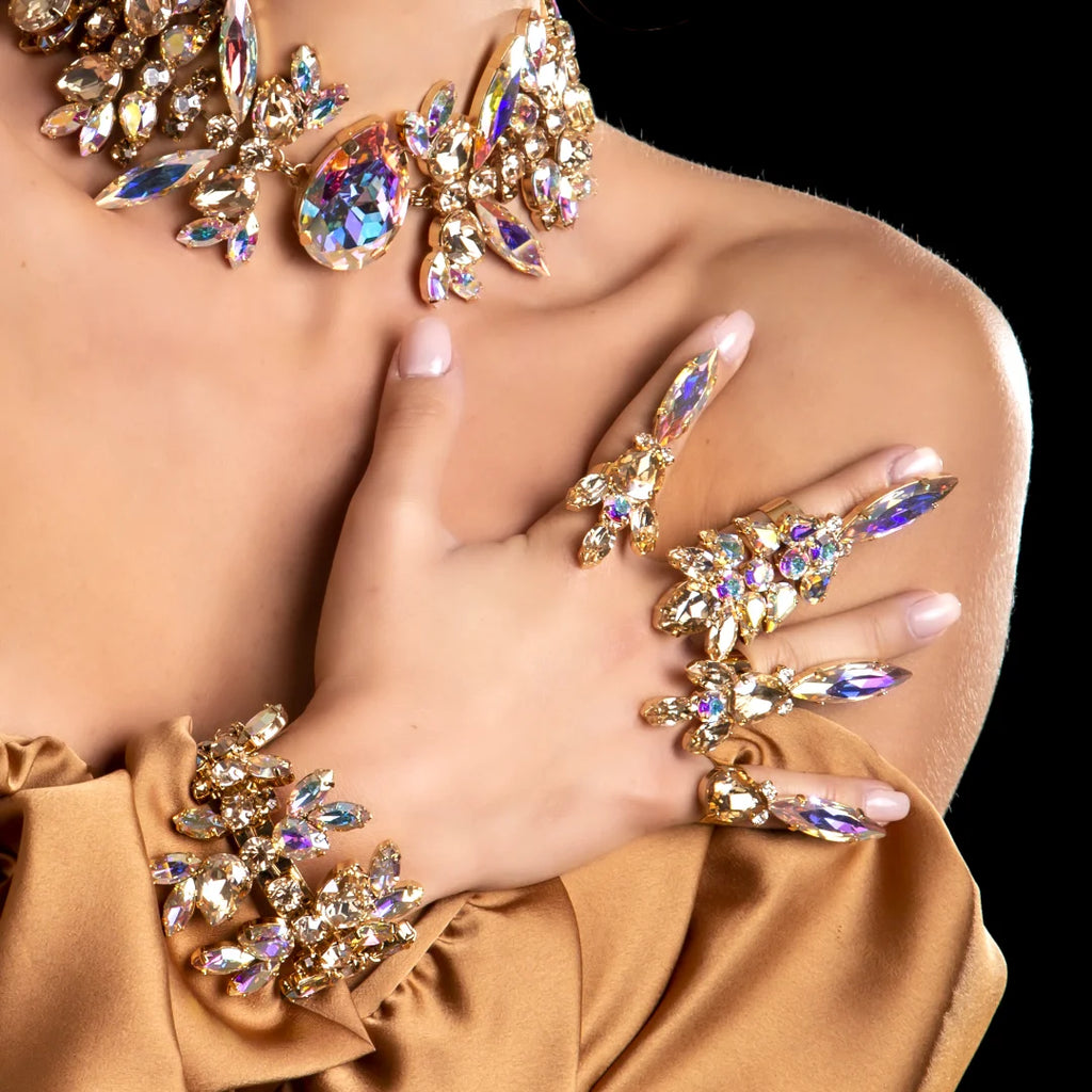 Luxury AB Crystal Necklace by LAQTA featuring sparkling multi-colored crystals on a silver chain.