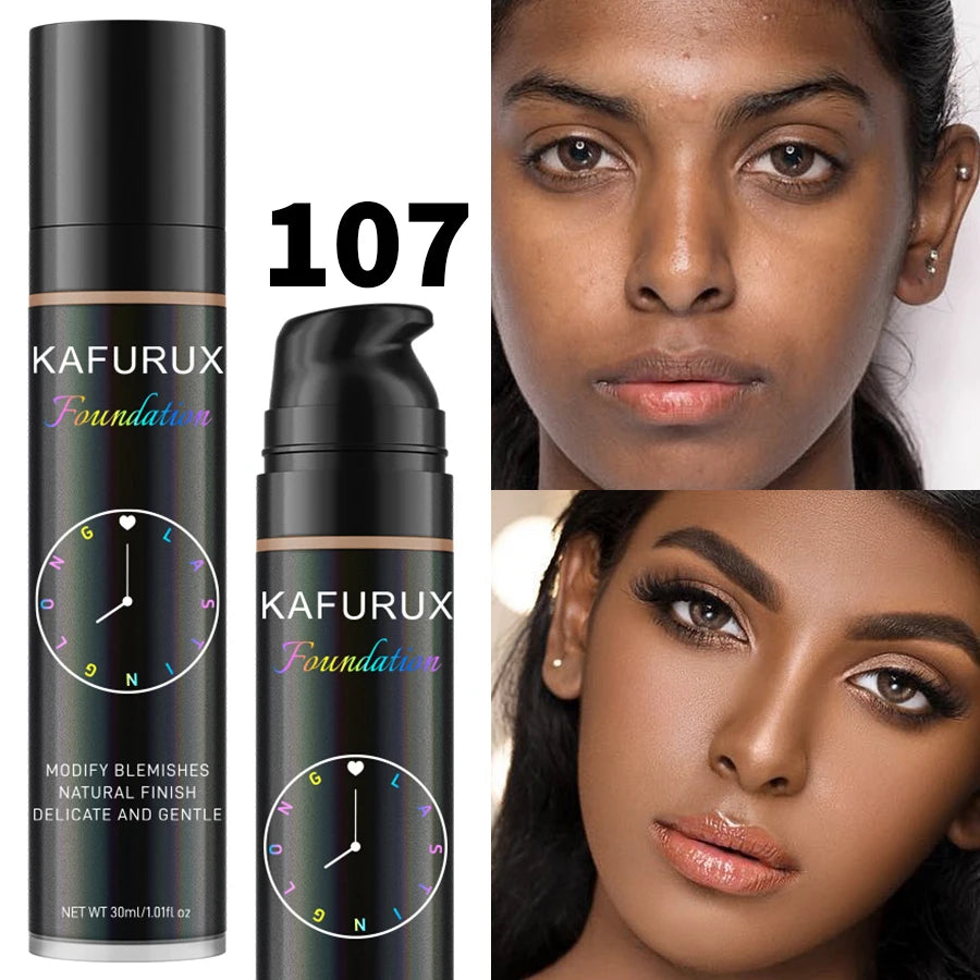 LAQTA liquid foundation with 8 color shades, smooth texture and natural finish, shown in a sleek bottle on a neutral background.