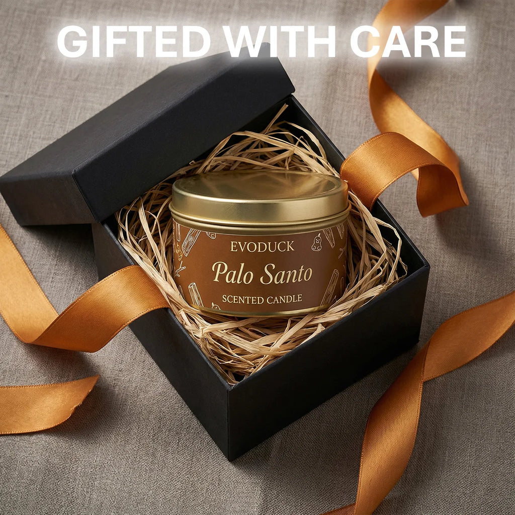 LAQTA Palo Santo scented candle in a sleek glass holder, emitting warm, calming light and a natural woody aroma.