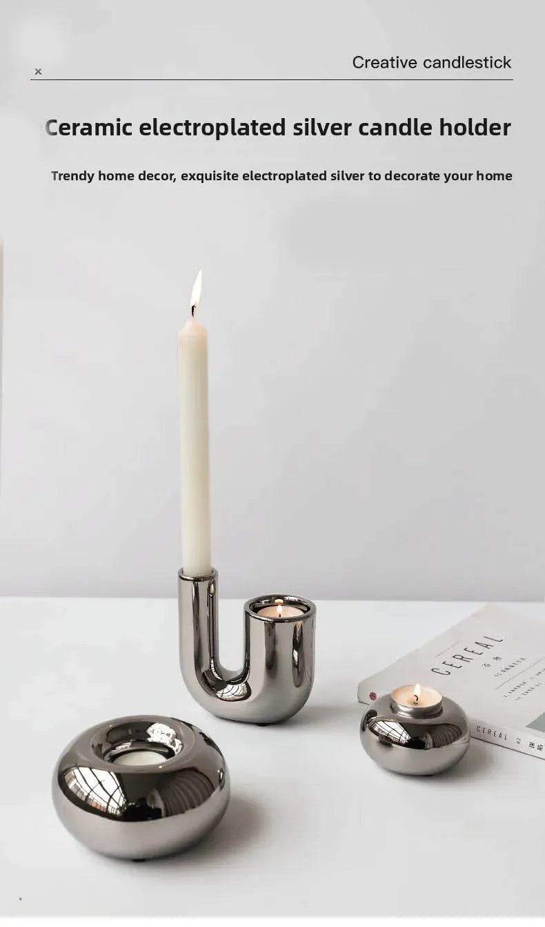 Luxury electroplating silver geometric ceramic candlestick by LAQTA, showcasing a modern design with reflective silver finish.