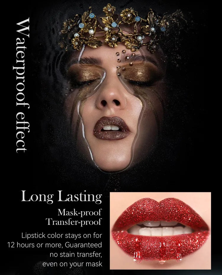 LAQTA waterproof glitter lipstick showcasing vibrant, shimmering lip color with a smooth, glossy finish.