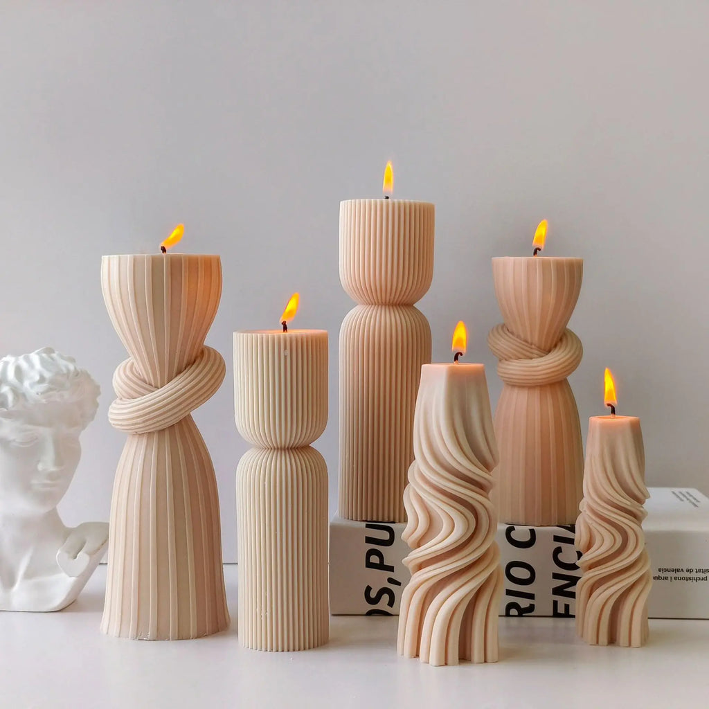 Striped cylinder aroma candle silicone mold by LAQTA, showing the detailed mold with striped pattern for candle making.