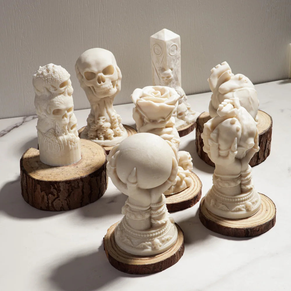 Silicone mold for Rose Relief Skull Candle by LAQTA, showing detailed skull design with rose accents for candle making.