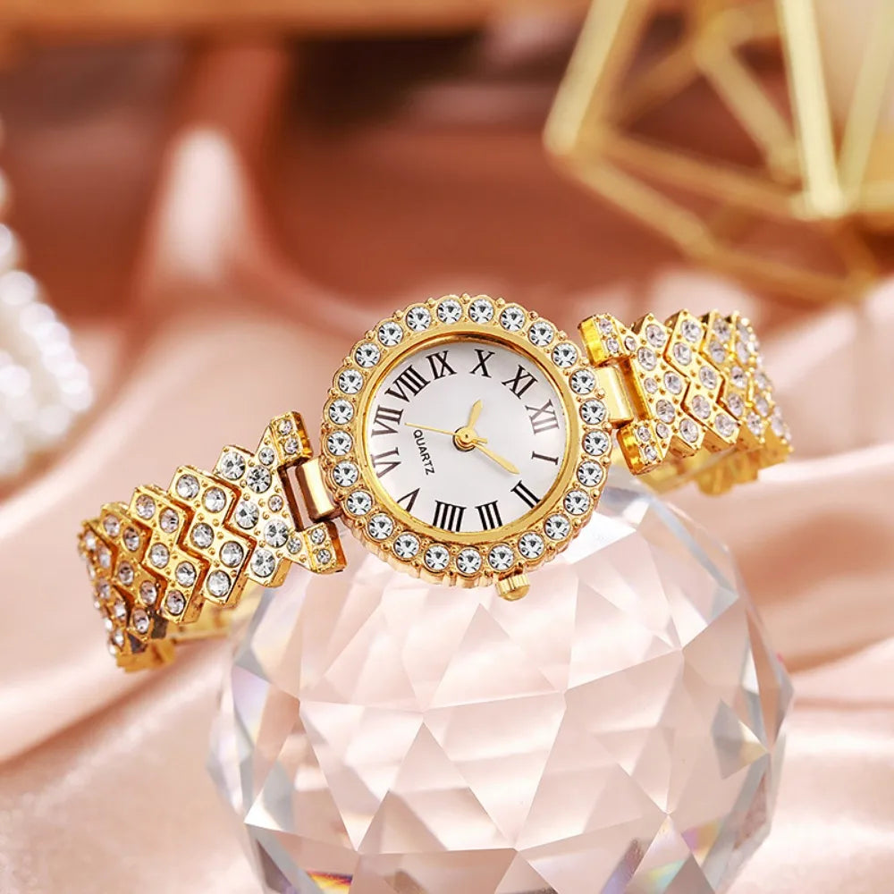 Elegant LAQTA women's watch with rhinestone accents, showcasing a stylish wristwatch with a detailed dial and sparkling embellishments.