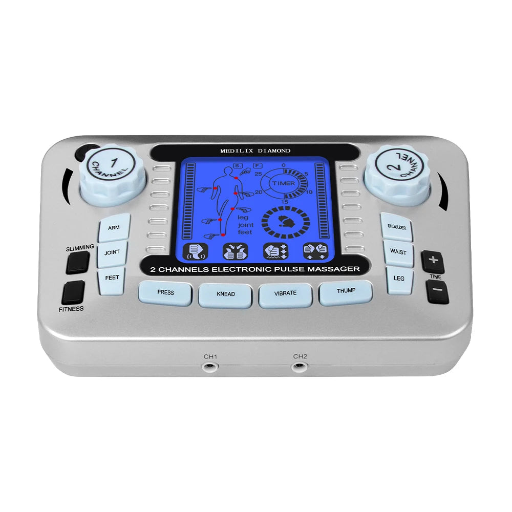 LAQTA digital electric pulse massager with 12 modes, showing device with control buttons and display screen for muscle relaxation.