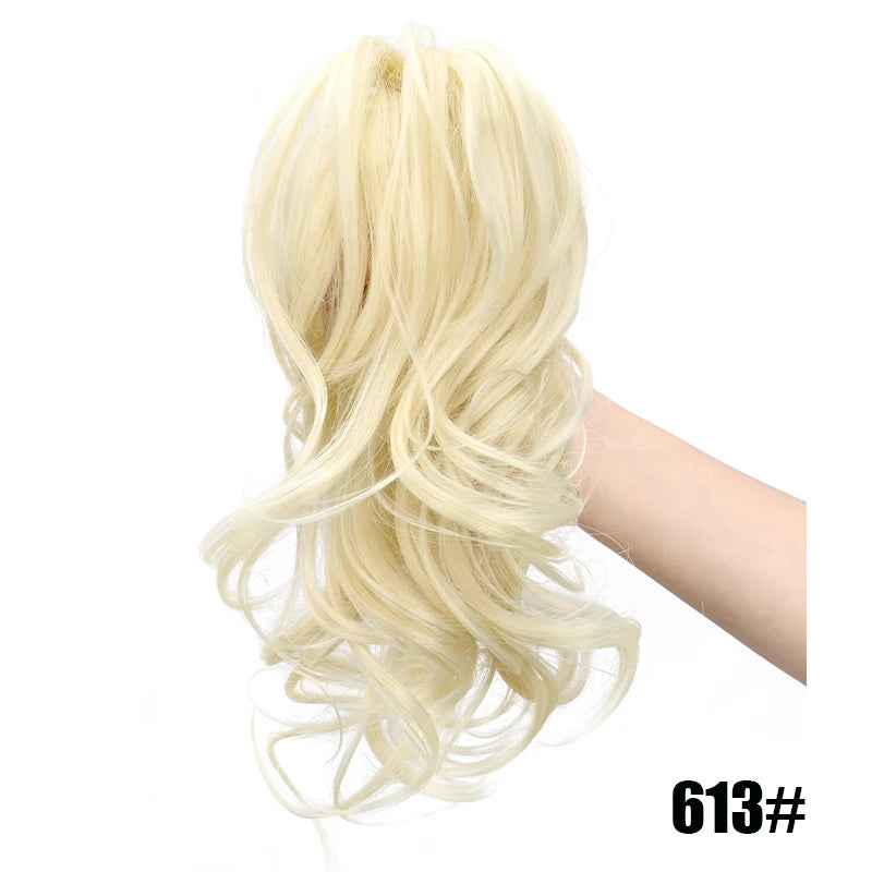 LAQTA short curly clip-in ponytail extension showcasing a voluminous, curly hairpiece attached to a hair clip for easy styling.