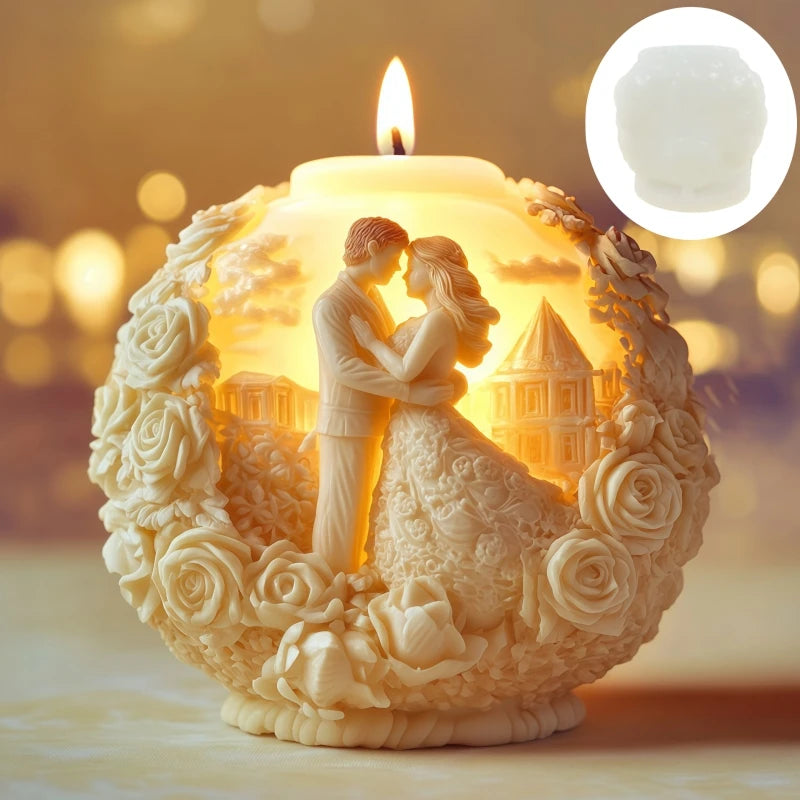 Embossed spherical candle mold for couples embrace design by LAQTA, showing the detailed mold with intricate patterns.